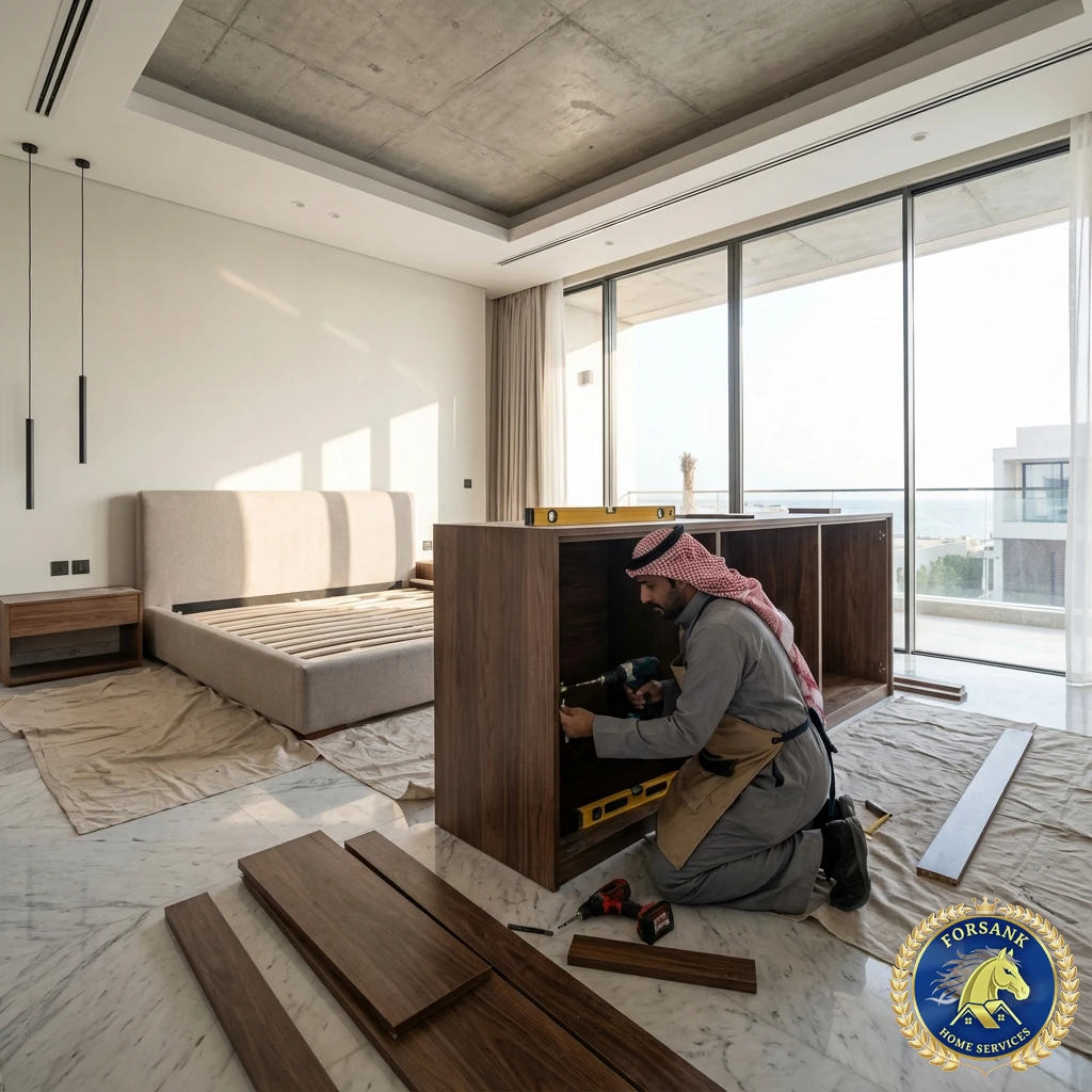 نجار محترف بالقطيف يرتدي زيا موحدا يقوم بتثبيت مفصلات باب دولاب خشبي بعناية فائقة باستخدام دريل كهربائي