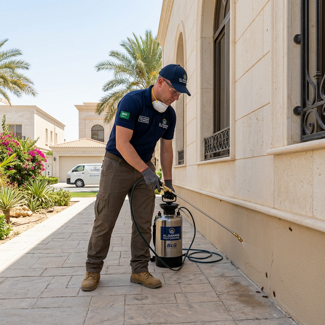 فني متخصص من شركة فرسانك يقوم بتطبيق الجل الألماني لمكافحة الصراصير بدقة داخل مطبخ حديث في الظهران