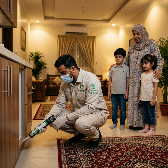 فني متخصص من شركة فرسانك يقوم بتطبيق الجل الألماني لمكافحة الصراصير بدقة داخل مطبخ حديث في الأحساء