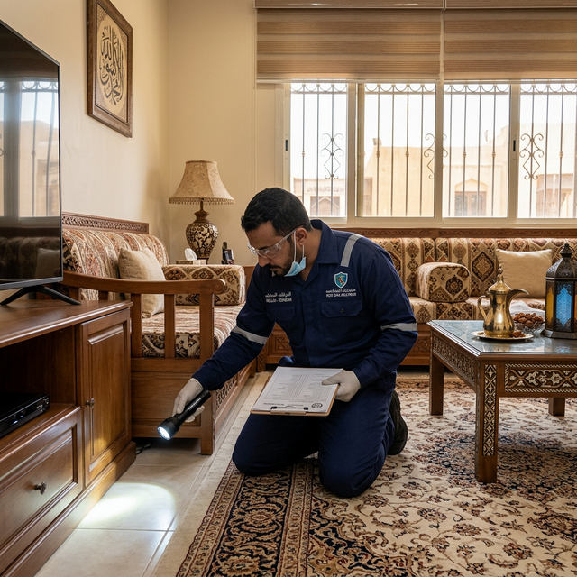 فني متخصص ومحترف من شركة فرسانك يقوم بتطبيق الجل الألماني لمكافحة الصراصير بدقة شديدة داخل مطبخ حديث في مدينة القطيف