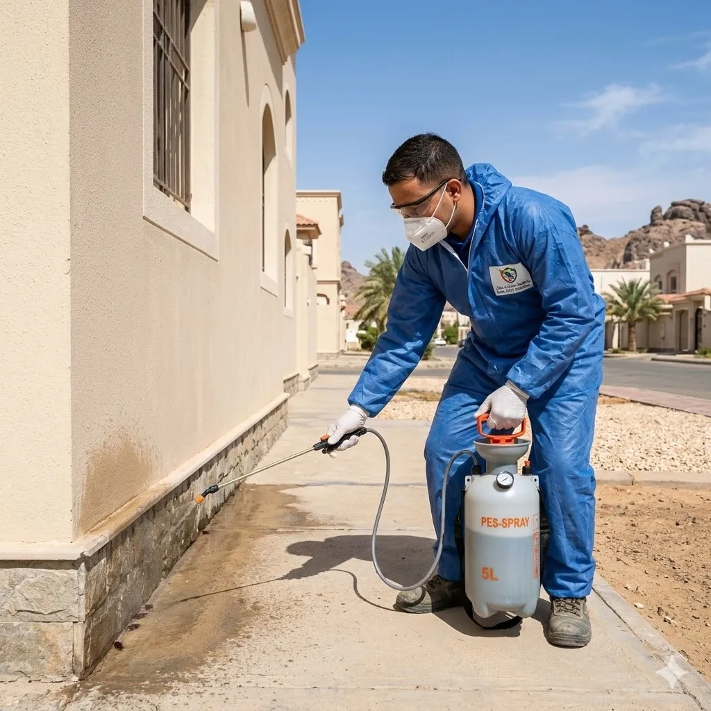فني خبير من فرسانك يستخدم معدات الحقن لوضع الجل الألماني لمكافحة الصراصير في مطبخ بحائل بأمان تام