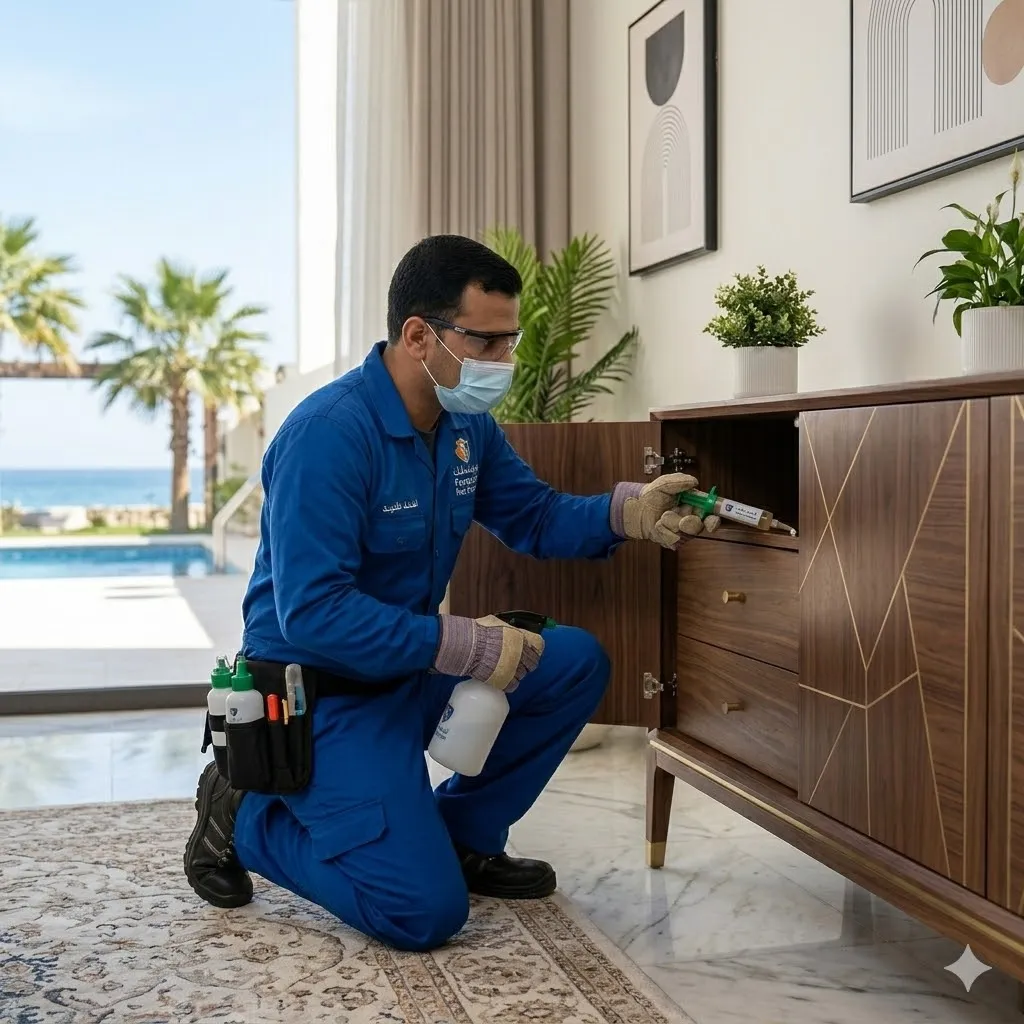 فني خبير من فرسانك يستخدم معدات الحقن لوضع الجل الألماني لمكافحة الصراصير في مطبخ بجدة بأمان تام