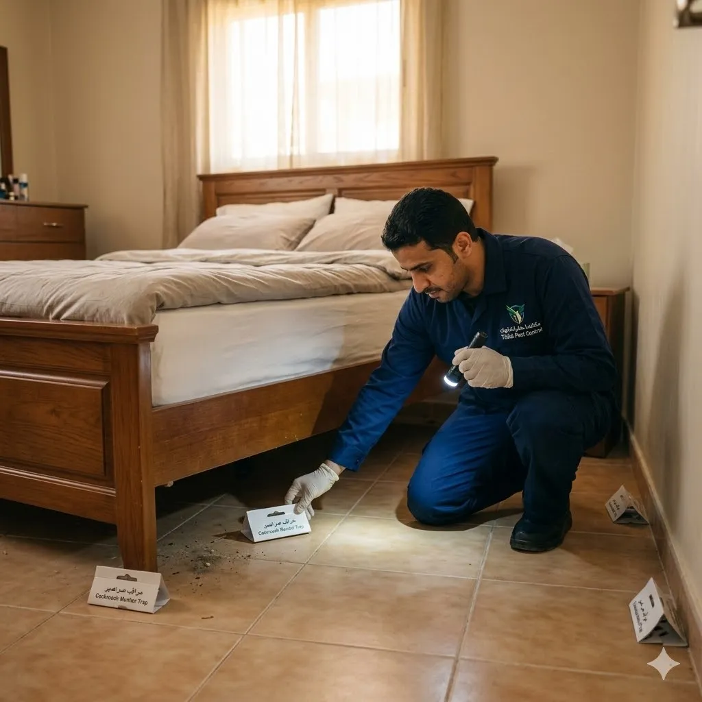 فني متخصص ومحترف من شركة فرسانك يقوم بتطبيق الجل الألماني لمكافحة الصراصير بدقة شديدة داخل مطبخ حديث في مدينة تبوك