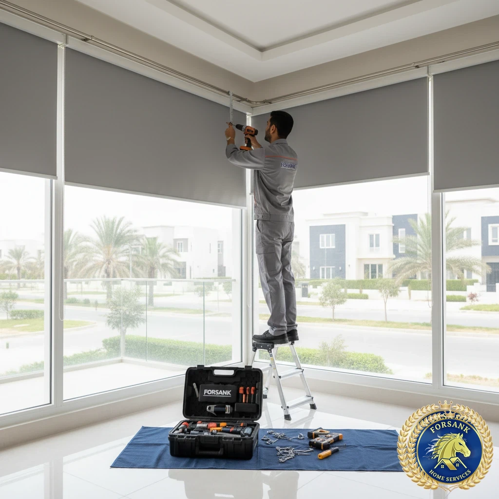 عامل يقوم بتركيب ستائر رول على نافذة كبيرة في حائل