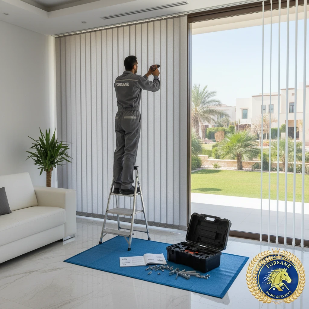 عامل يقوم بتركيب ستائر رول على نافذة كبيرة في تبوك