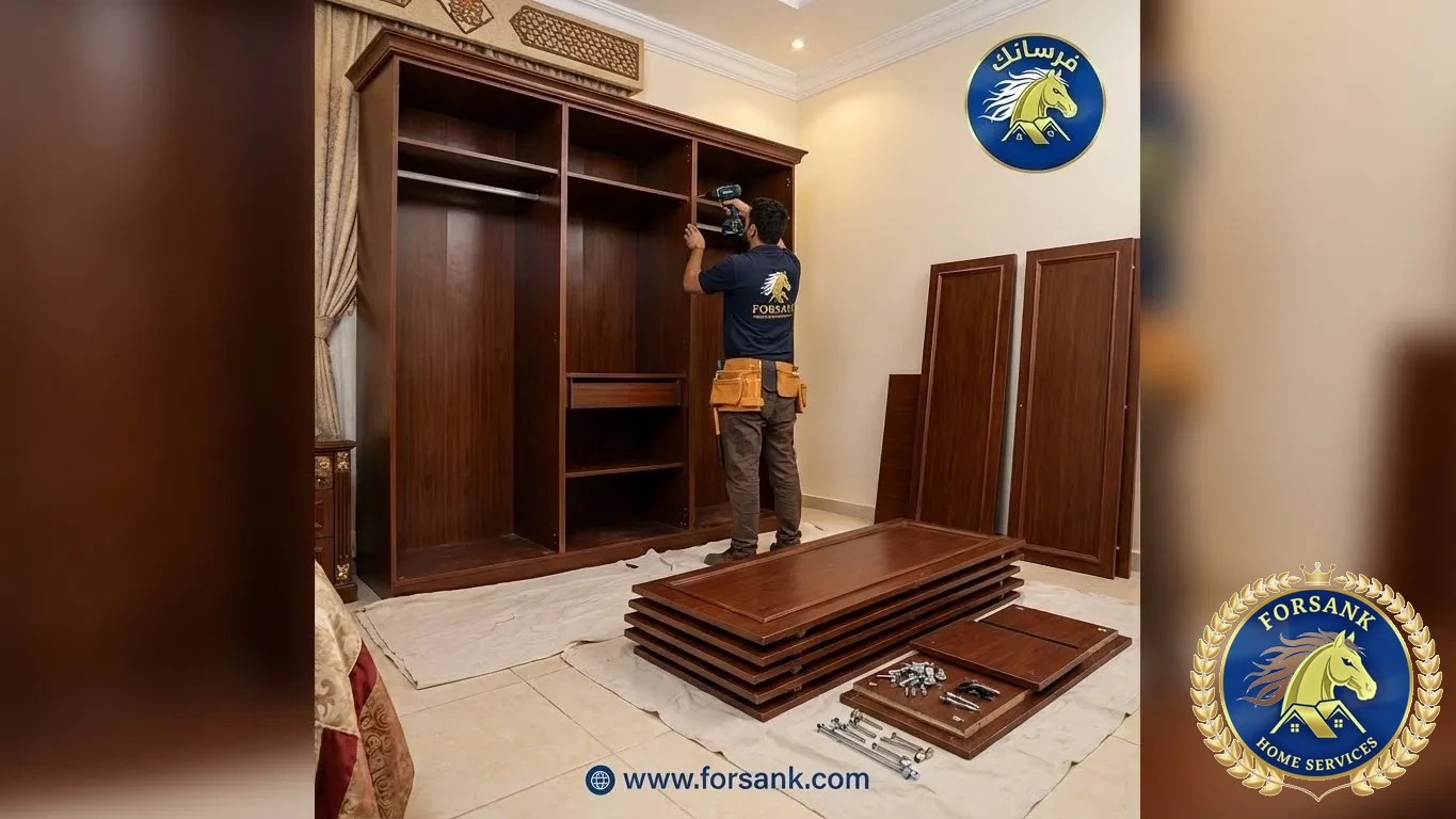 نجار محترف من فريق فــرســانـك يستخدم دريل كهربائي لفك دولاب ملابس بعناية داخل غرفة نوم