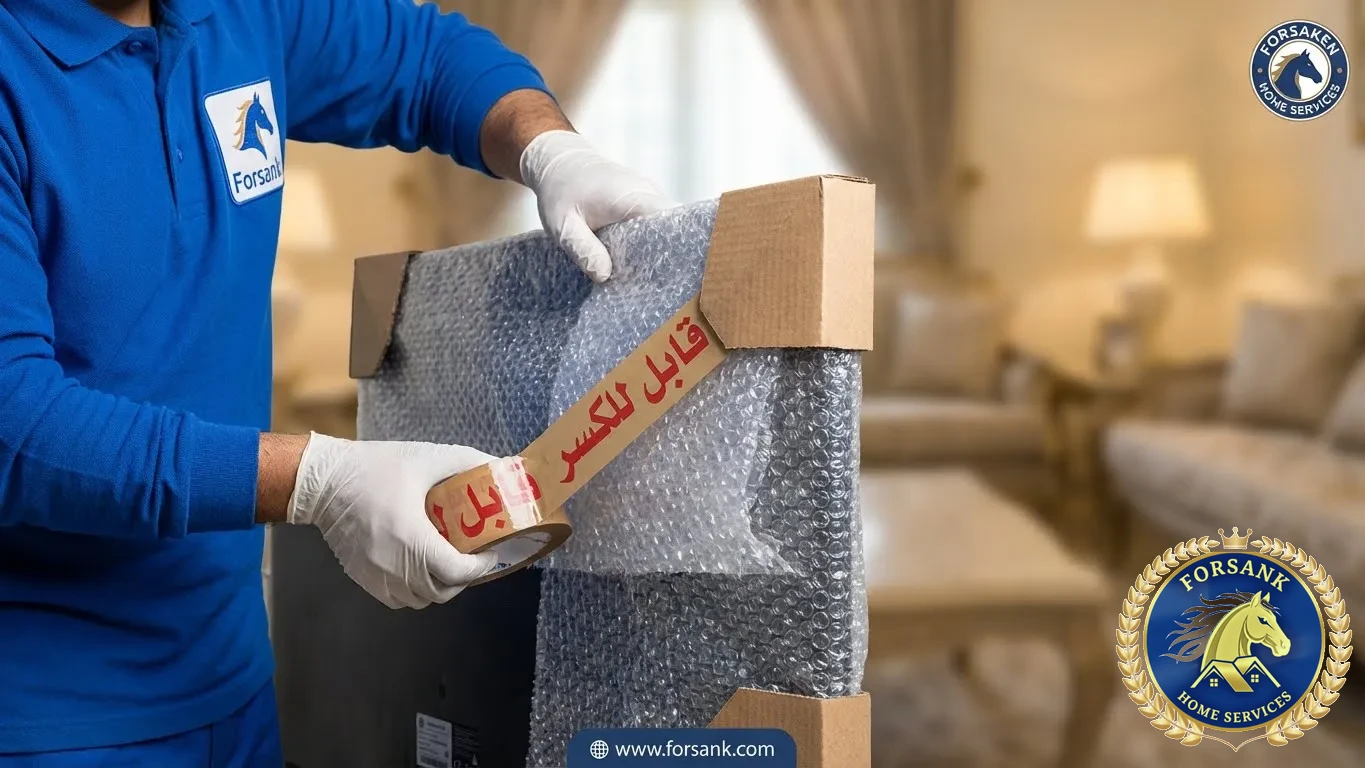 حماية احترافي لشاشة تلفزيون باستخدام البلاستيك الفقاعي والكرتون المقوى لحمايتها من الصدمات