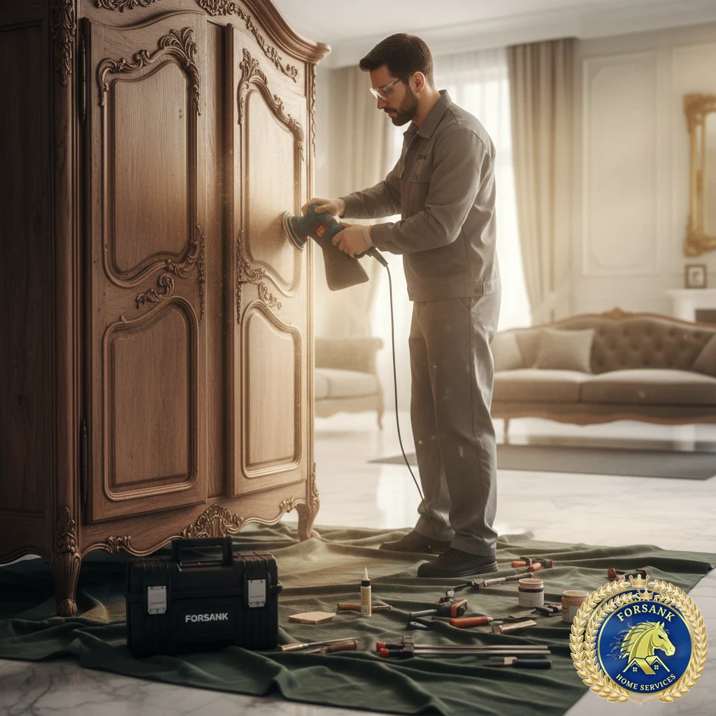 فني يقوم بصيانة وترميم كرسي خشبي قديم وإعادته كالجديد في الدمام