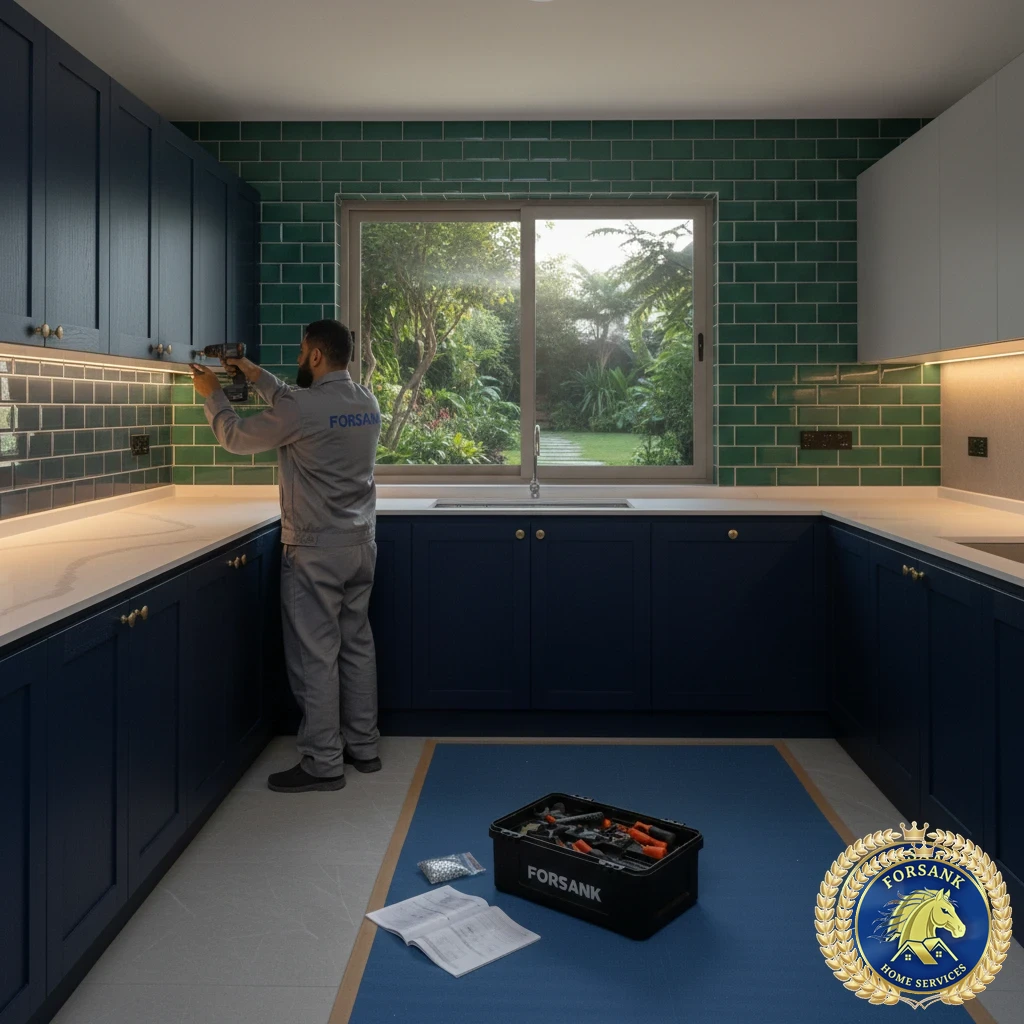 فني مطابخ يقوم بتركيب دواليب مطبخ ألمنيوم في الظهران