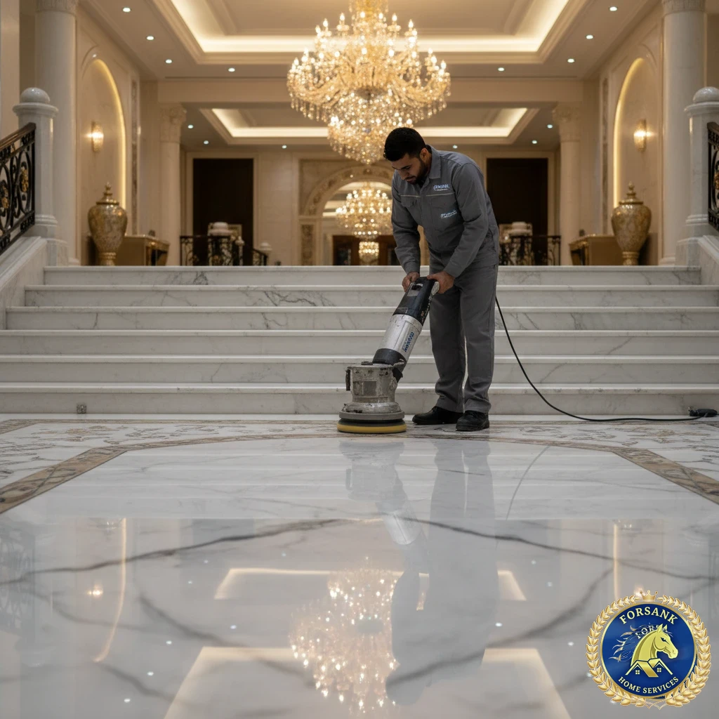 فني جلي رخام يستخدم ماكينة أقراص الألماس لتلميع أرضية في الدمام