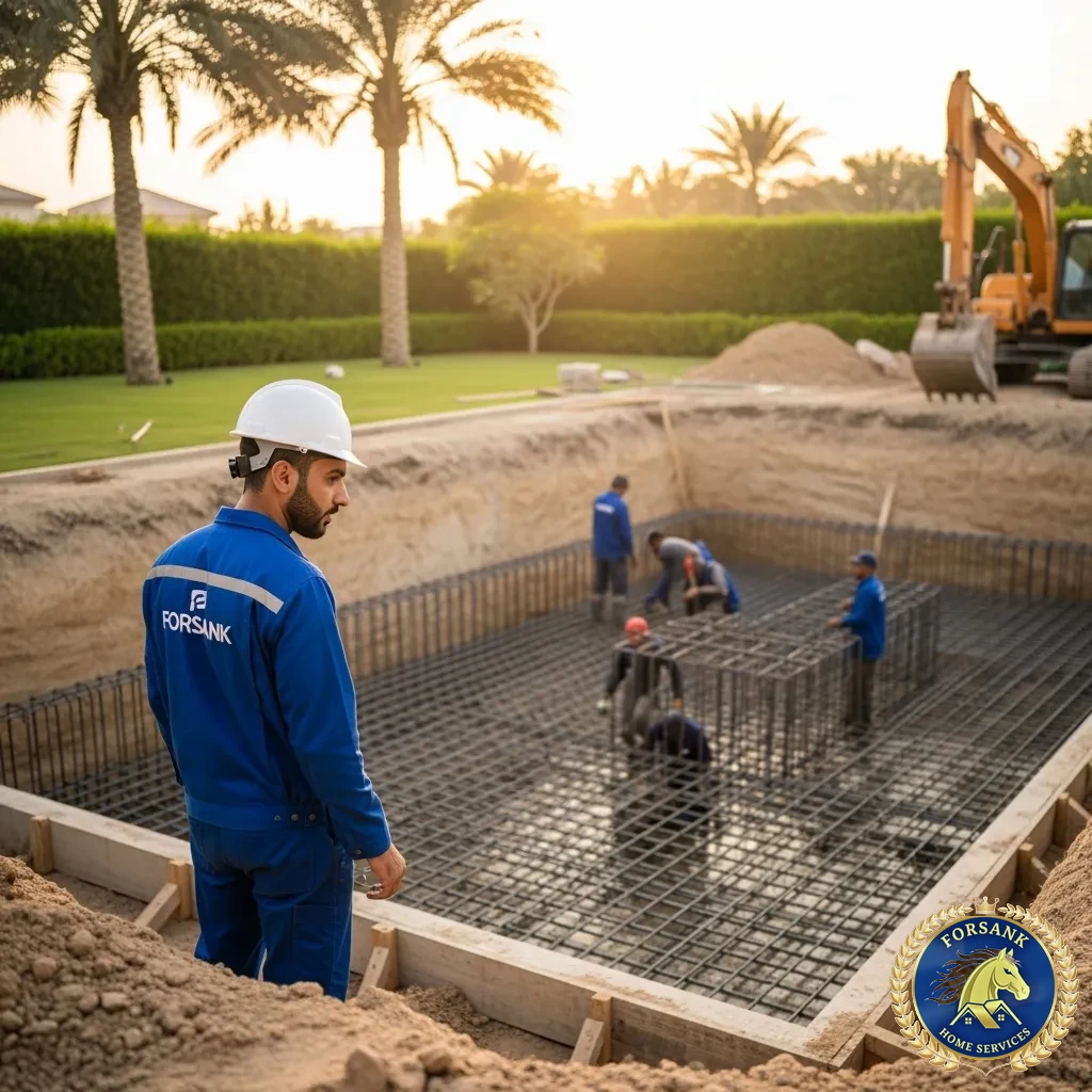 معدات انشاء مسابح فــرســانـك الحديثة المغلقة والمجهزة أمام فيلا سكنية في القطيف