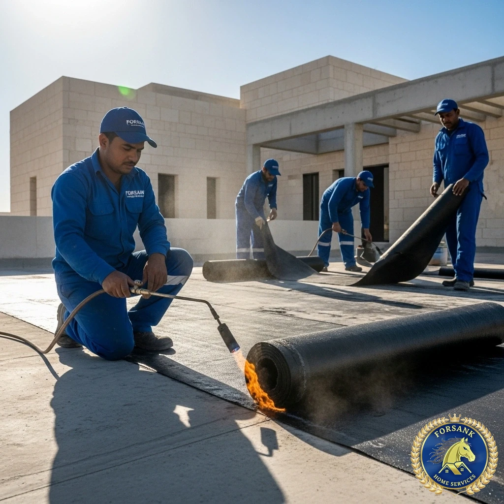 فريق فني يقوم بتطبيق عزل الفوم والشاش المائي على سطح مبنى في جدة