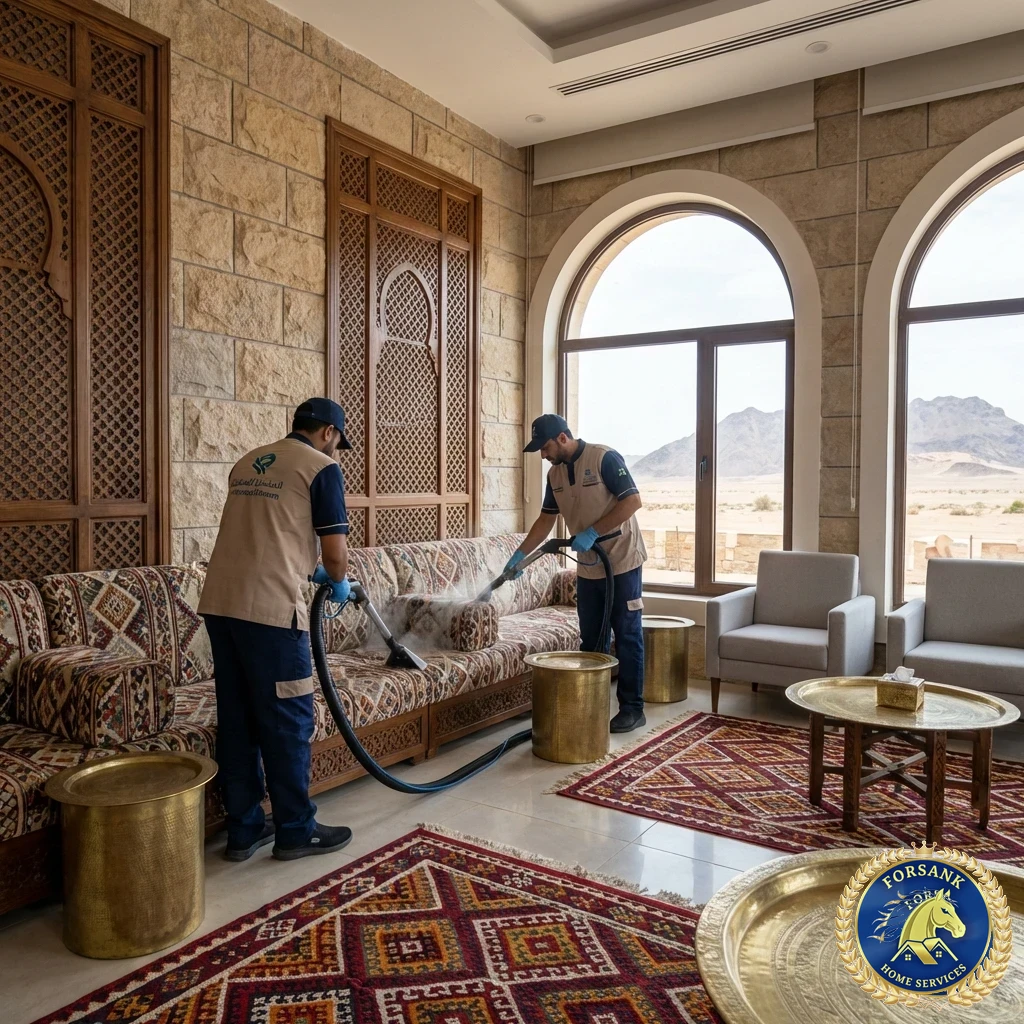 تنظيف وإزالة الدهون من فرن غاز كبير في مطبخ بحائل